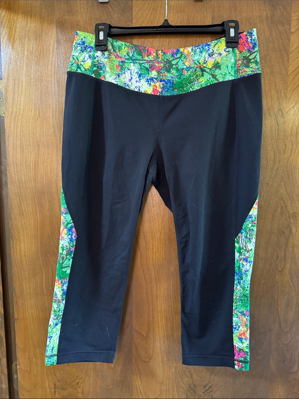 Athleta Black Capri Leggings with Green Floral Trim